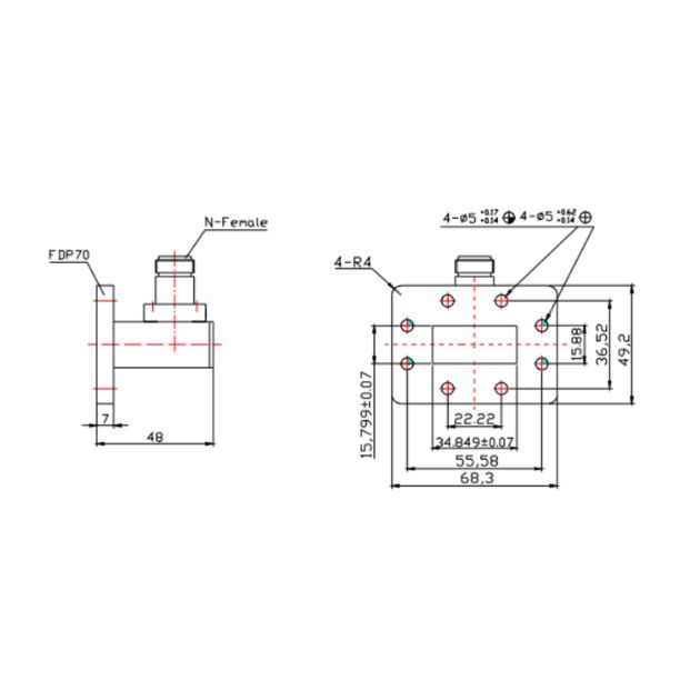 WR137 Waveguide to Coaxial Adapter Right Angle Part no SRFS70WCANKPC