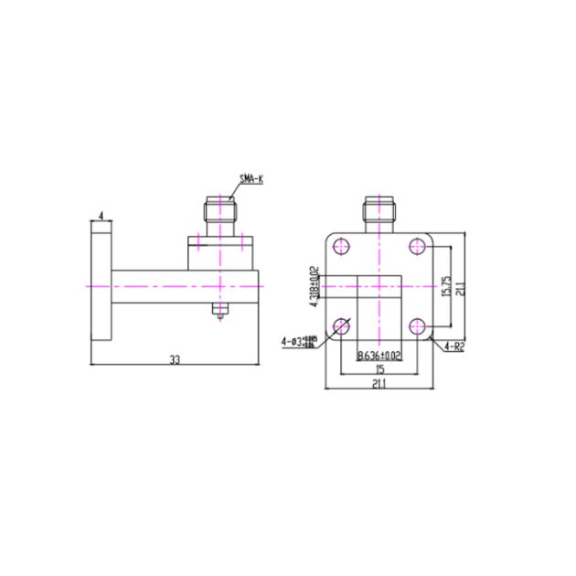 WR34 Waveguide to Coaxial Adapter Right Angle Part no SRFS260WCA2.92KPC