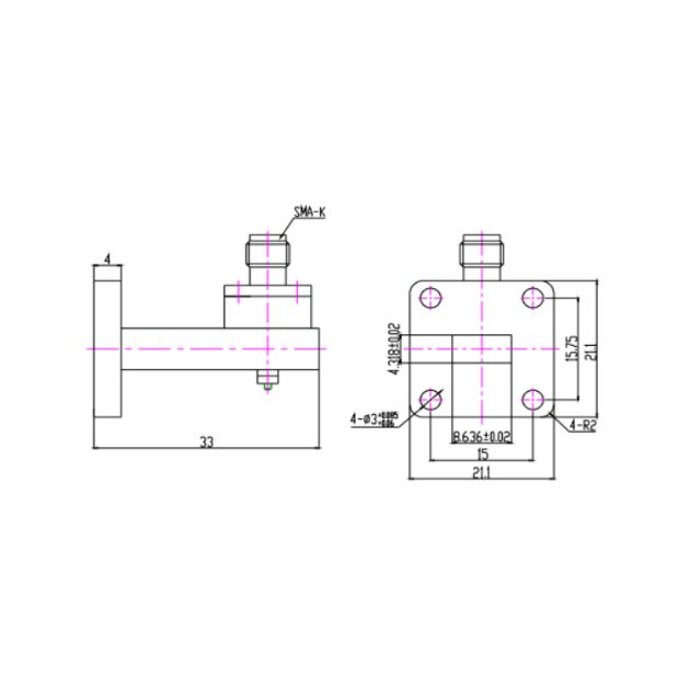 WR34 Waveguide to Coaxial Adapter Right Angle Part no SRFS260WCASKP