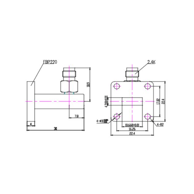 WR42 Waveguide to Coaxial Adapter Right Angle Part no SRFS220WCA2.4KPC