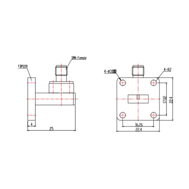WR42 Waveguide to Coaxial Adapter Right Angle Part no SRFS220WCASKPC