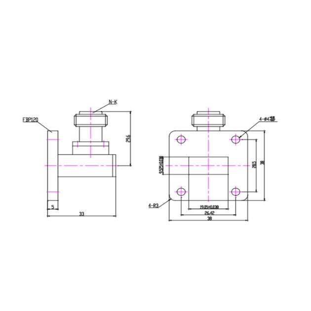 WR75 Waveguide to Coaxial Adapter Right Angle Part no SRFS120WCANKPC