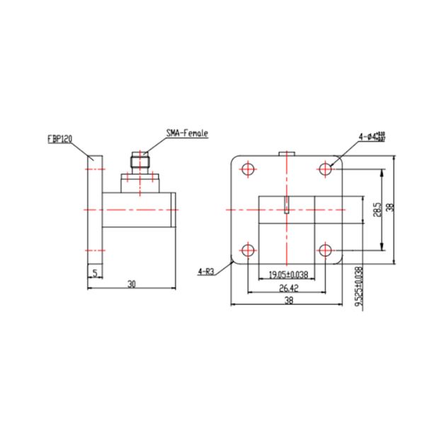 WR75 Waveguide to Coaxial Adapter Right Angle Part no SRFS120WCASKPC