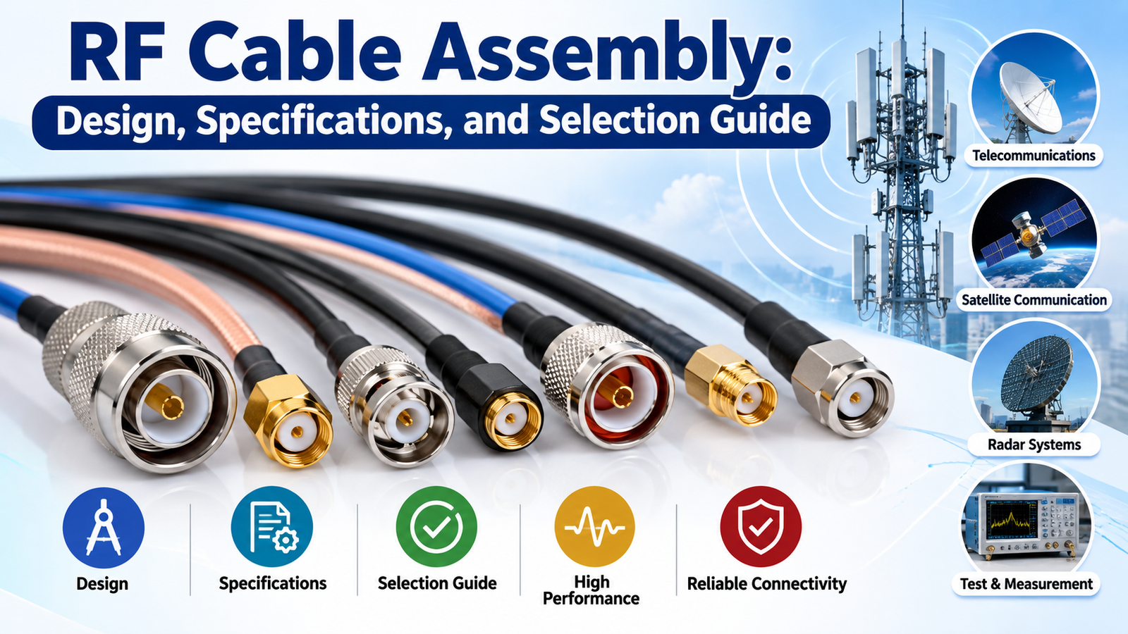 Explore RF Cable Assembly design, specifications, connector types, impedance, insertion loss, and expert tips for selecting the right assembly for your application.