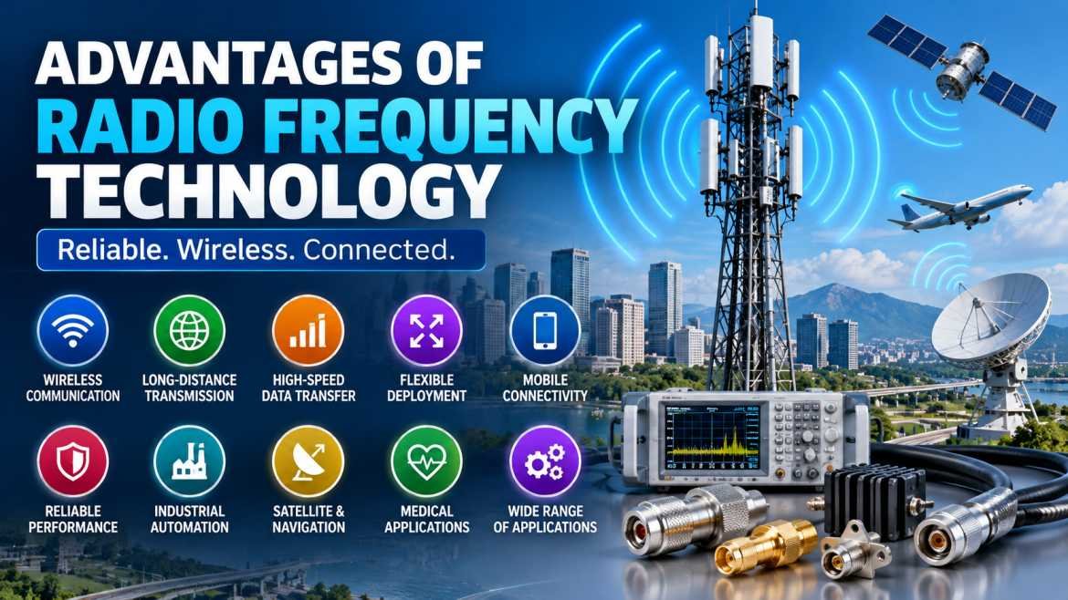 Explore the advantages of radio frequency technology, including wireless communication, long-distance transmission, high-speed data, and industrial applications.